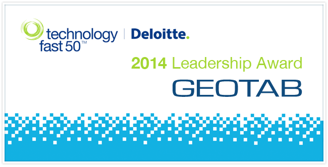 "2014 Leadership Award Geotab" in writing with the Deloitte logo and bright blue pixels underneath