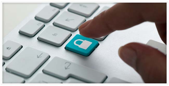 A white keyboard with a hand about to press a teal key with a padlock on it