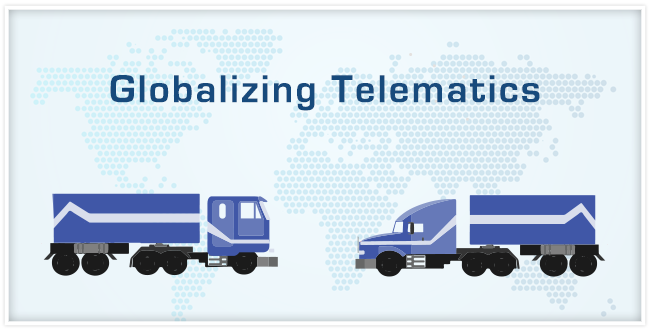 Two blue transport trucks facing each other with a map of the world made out of hexagons behind them