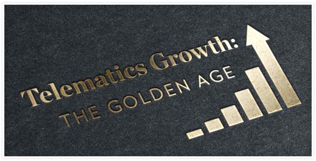 "Telematics Growth: The Golden Age" stamped in gold on card stock with a increasing bar graph