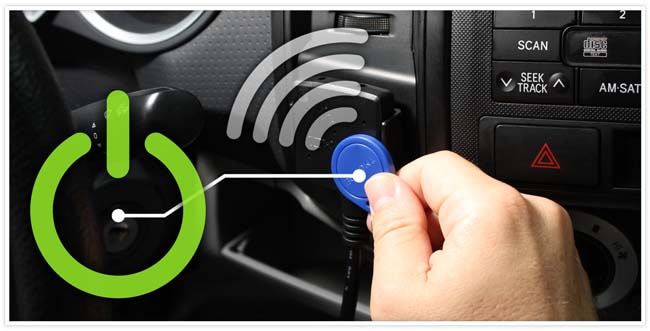 Blue NFC tag tapping on the NFC reader in the vehicle with a power and wireless signal icon.