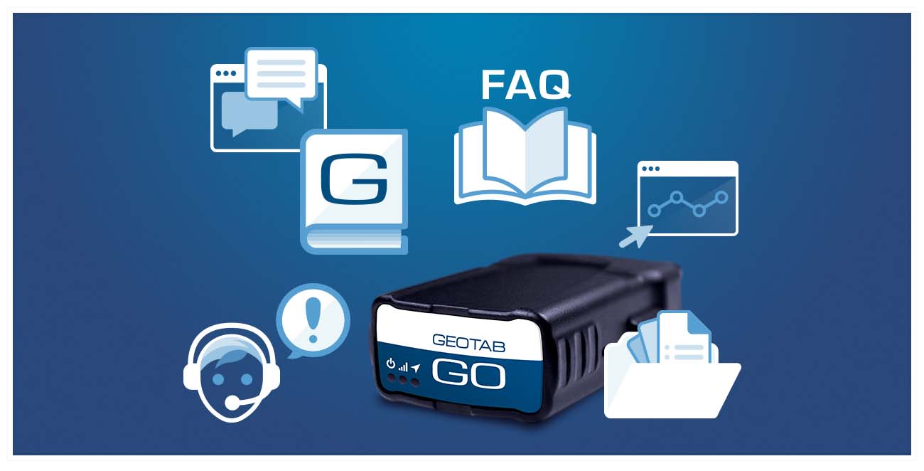 Image of a Geotab GO device surrounded with support icons such as a chat window, a book with a G on it and an open book with FAQ above it.