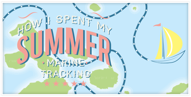 A map of water with some islands and a yellow sail boat with its route being tracked with a blue line