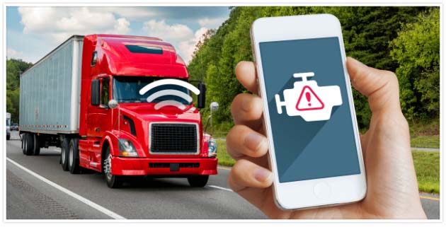 A red and white transport truck on a road with connectivity signals coming from it and a person holding a phone with a check engine light icon on it