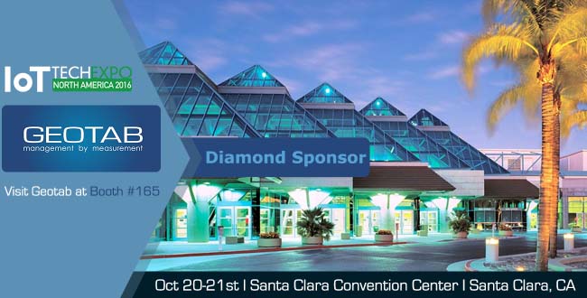 A blue convention center with Geotab as a diamond sponsor and a yellow palm tree next to it. 