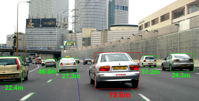 Cars on a road with measurement of distance from surrounding cars in green.