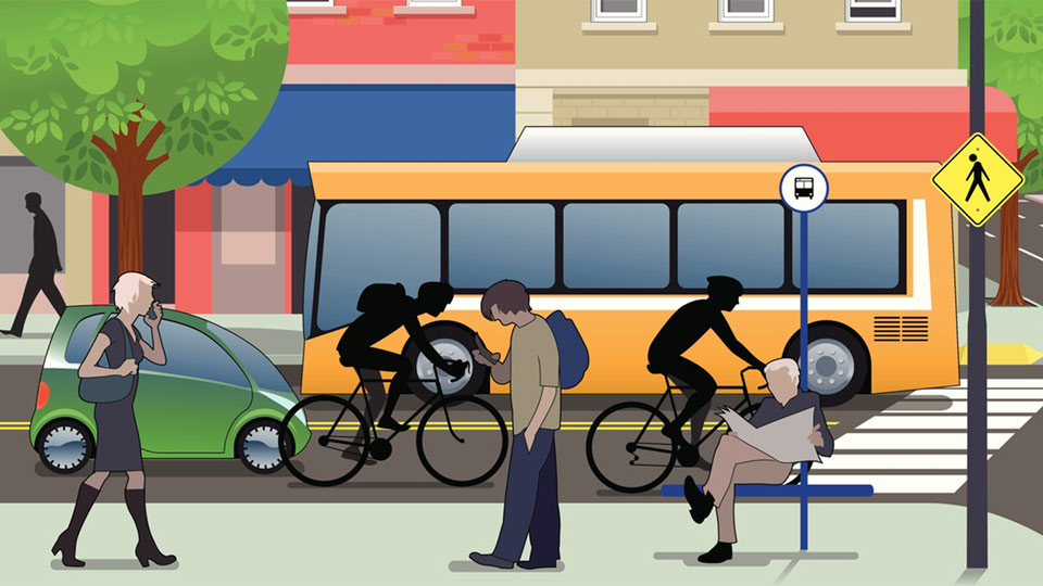 Bus, Fußgänger und Fahrradfahrer