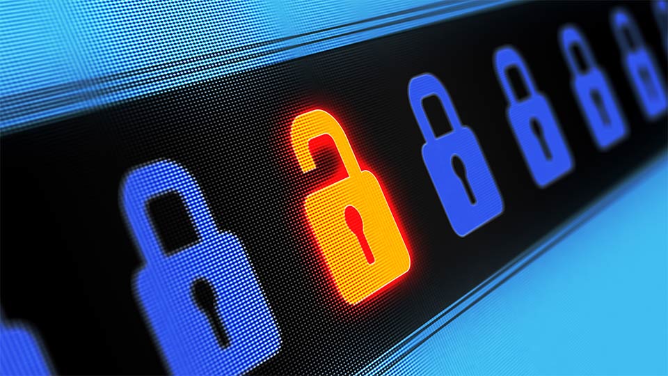 A row of blue padlock icons with one open orange padlock icon in the middle