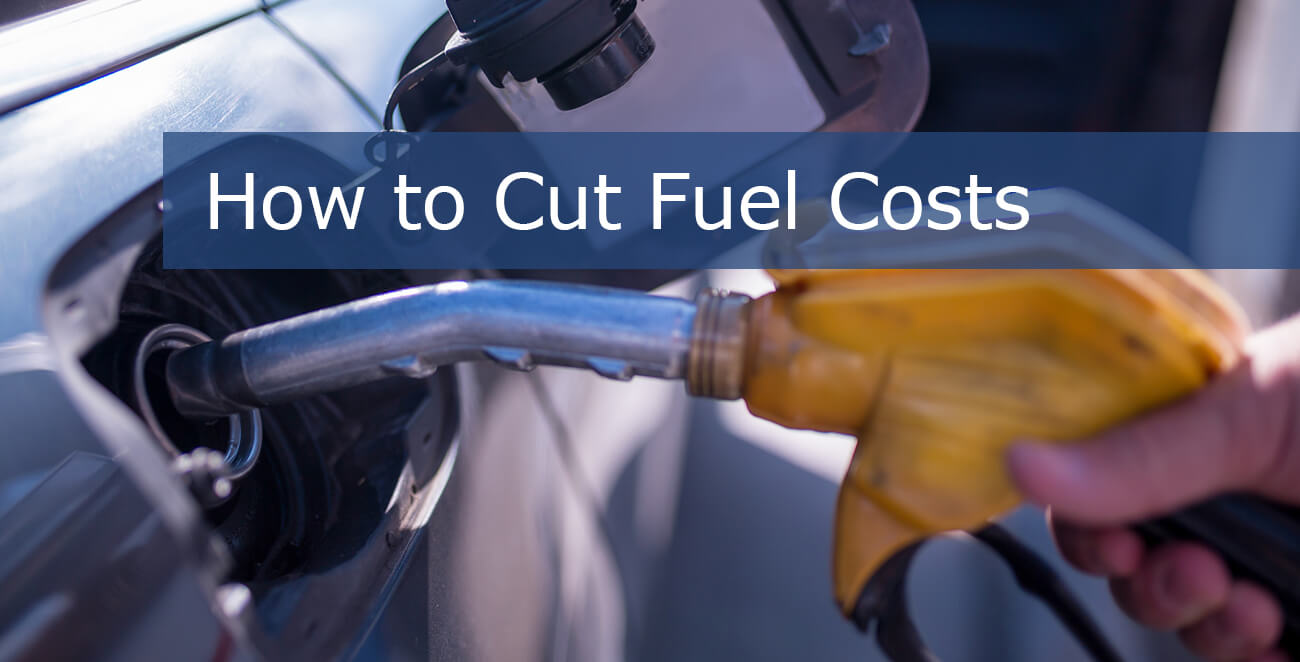 Hand pumping gas into car gas tank with words "how to cut fuel costs"