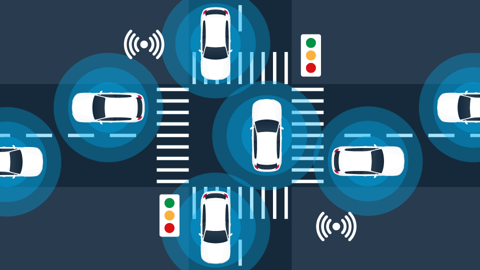 Animation of vehicles on intersecting roads going in different directions