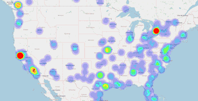 Gif of hot spots on different areas of a map of North America