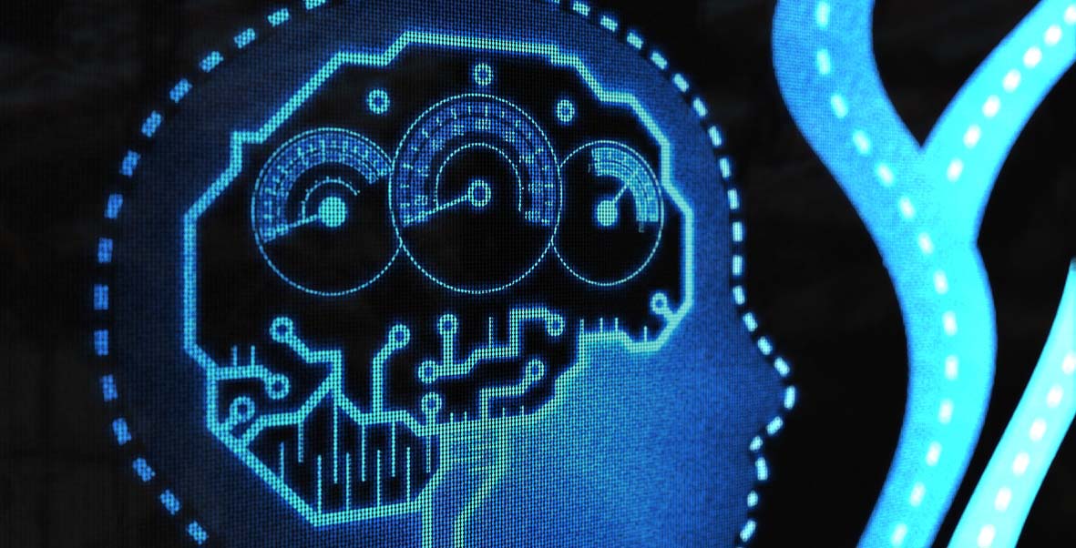 A MRI image of a brain with speedometers and circuits in it 