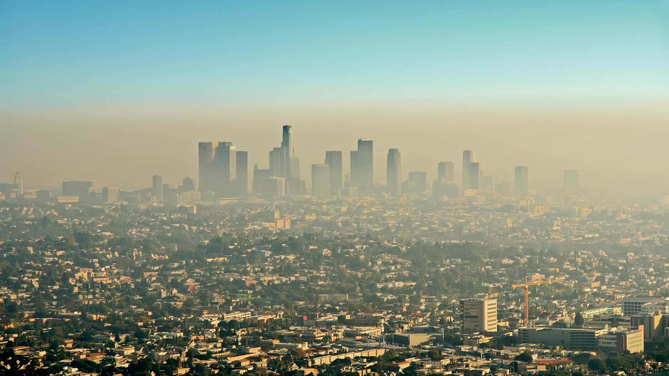 A view of a city covered in smog