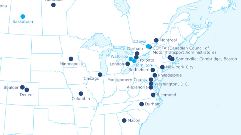 A close up on a map of North America that has dots for each city interested and implementing Vision Zero