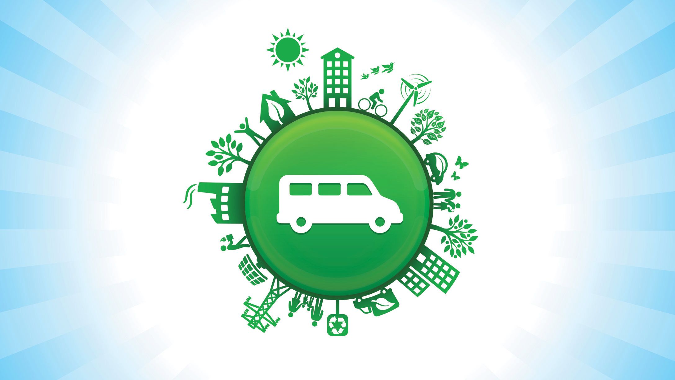 Cartoon of a vehicle in a circle connected to green icons