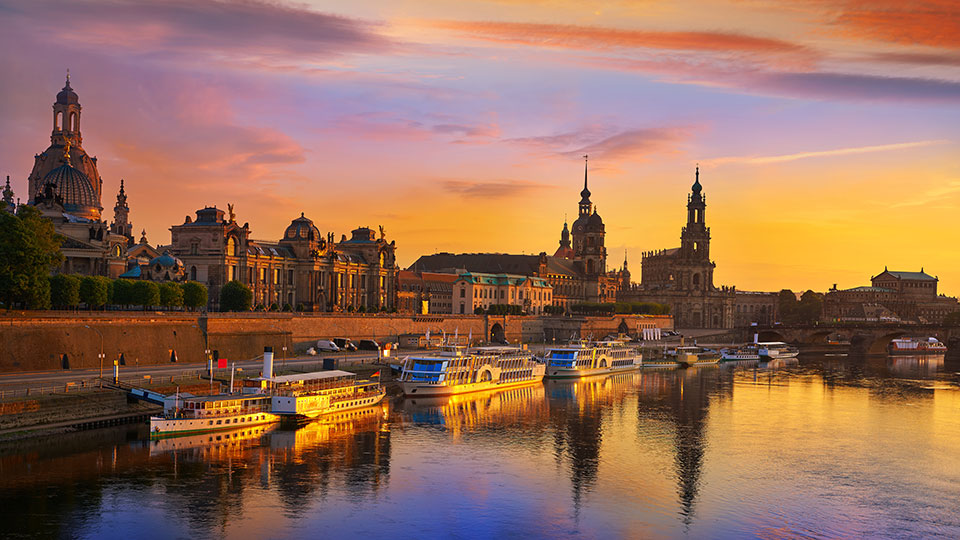 Dresden, Germany landscape with bridge at sunset 