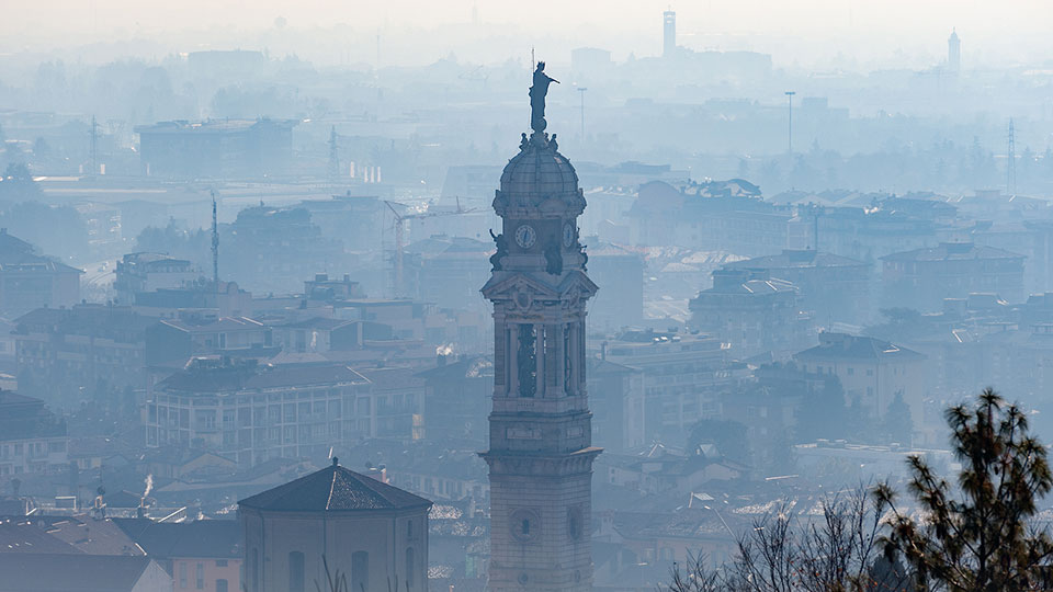 Hazy skyline view of a old city