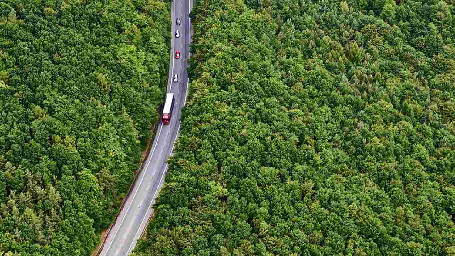 Camion fotografato dall'alto mentre percorre una strada tra la natura.