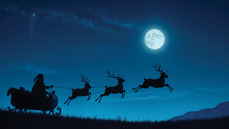 Santa's sleigh with reindeer flying