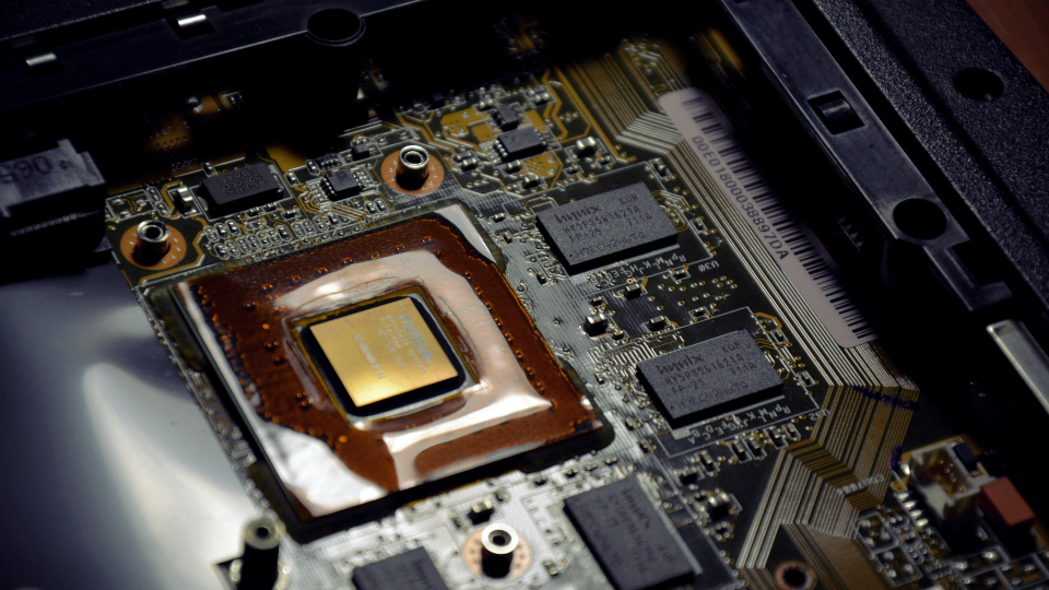 Close-up of a CPU processor chip on a computer motherboard