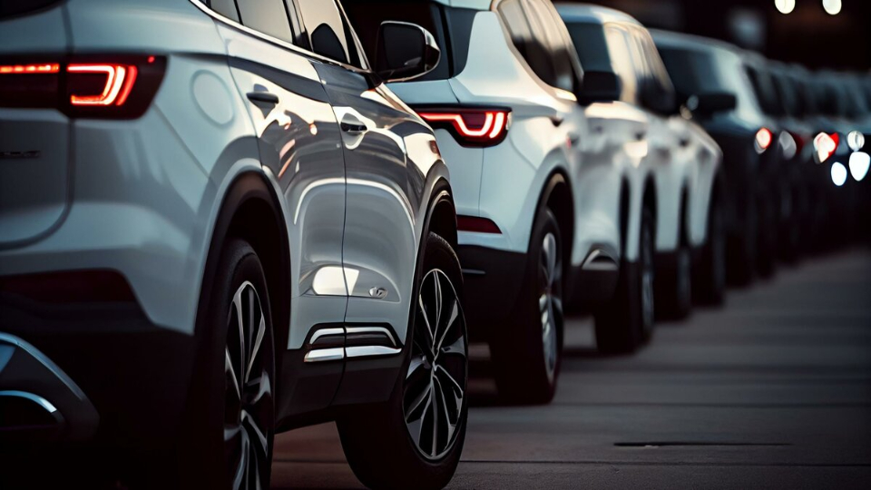 Eine Reihe weißer SUVs, aus einem niedrigen Winkel betrachtet, zeigt ihre hintere Dreiviertelansicht mit markanten roten Rücklichtern. Der Fokus liegt auf den glänzenden Oberflächen und Rädern der vorderen Fahrzeuge, wobei sich weitere Autos in den Hintergrund erstrecken.