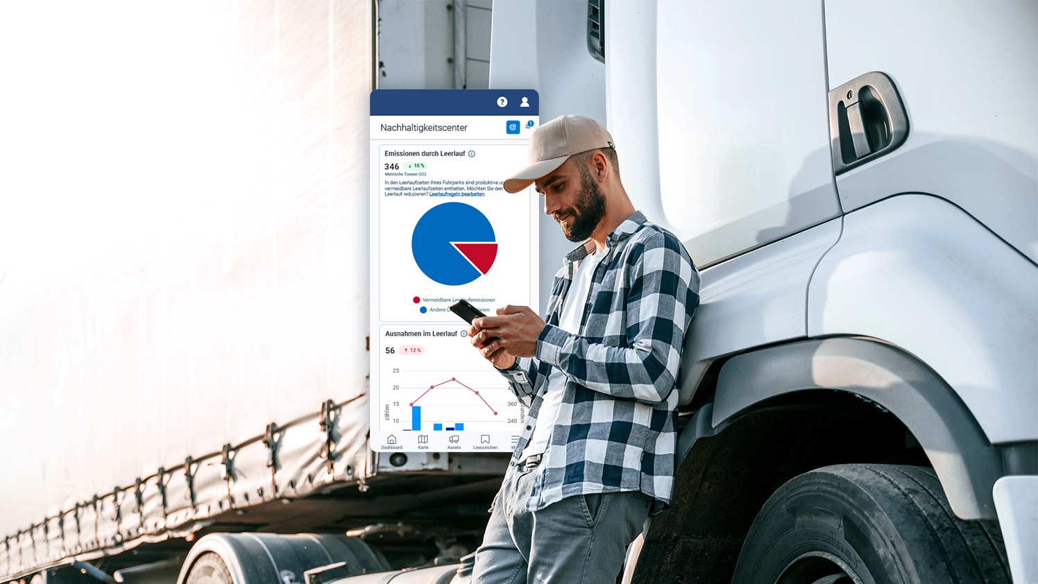 Person, die mygeotab auf einem Mobiltelefon benutzt und neben einem Lastwagen steht