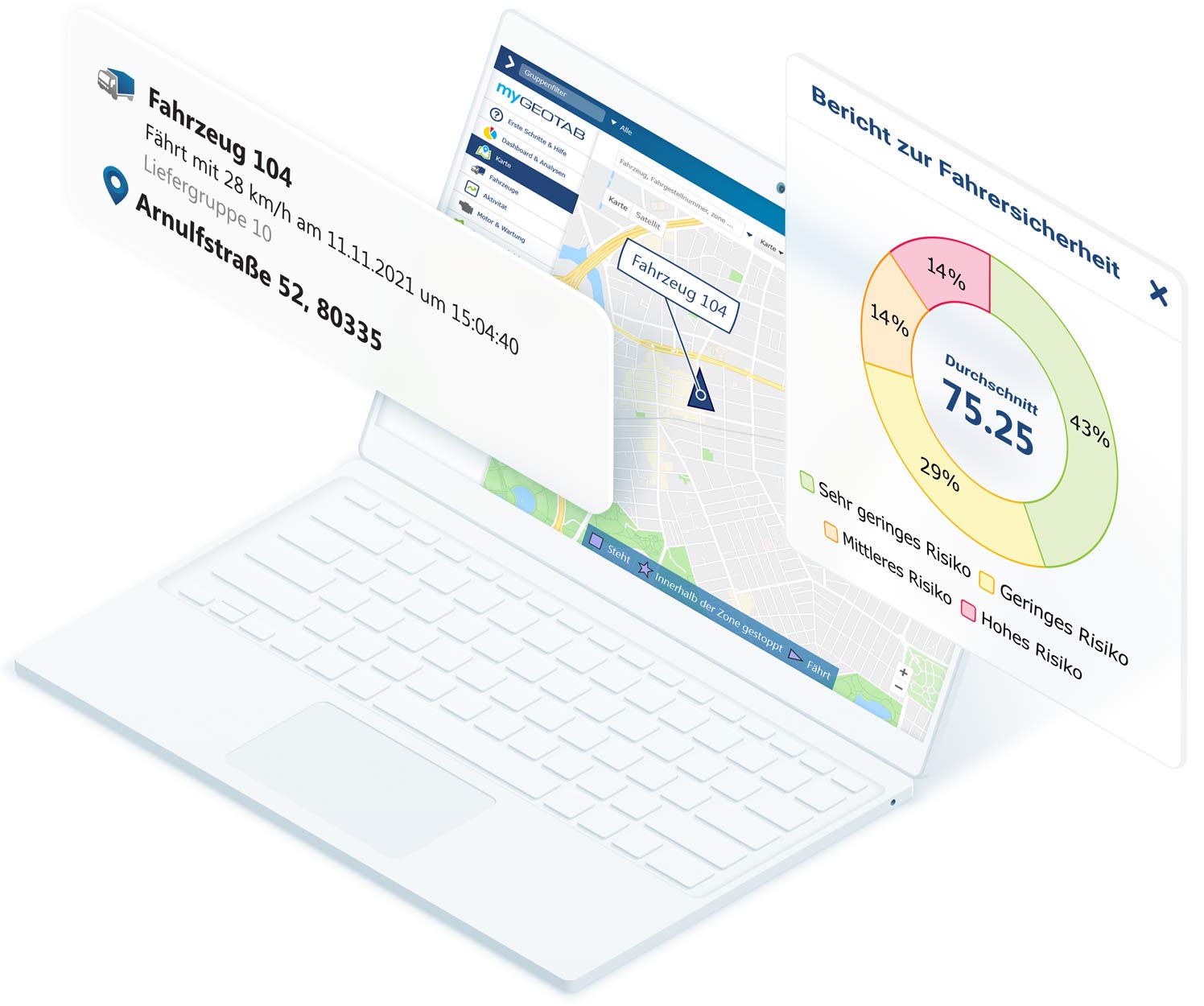 Weißer Laptop mit MyGeotab-Karte mit Fahrzeugdaten und Berichtsbogen zu Fahrersicherheit über dem Bildschirm