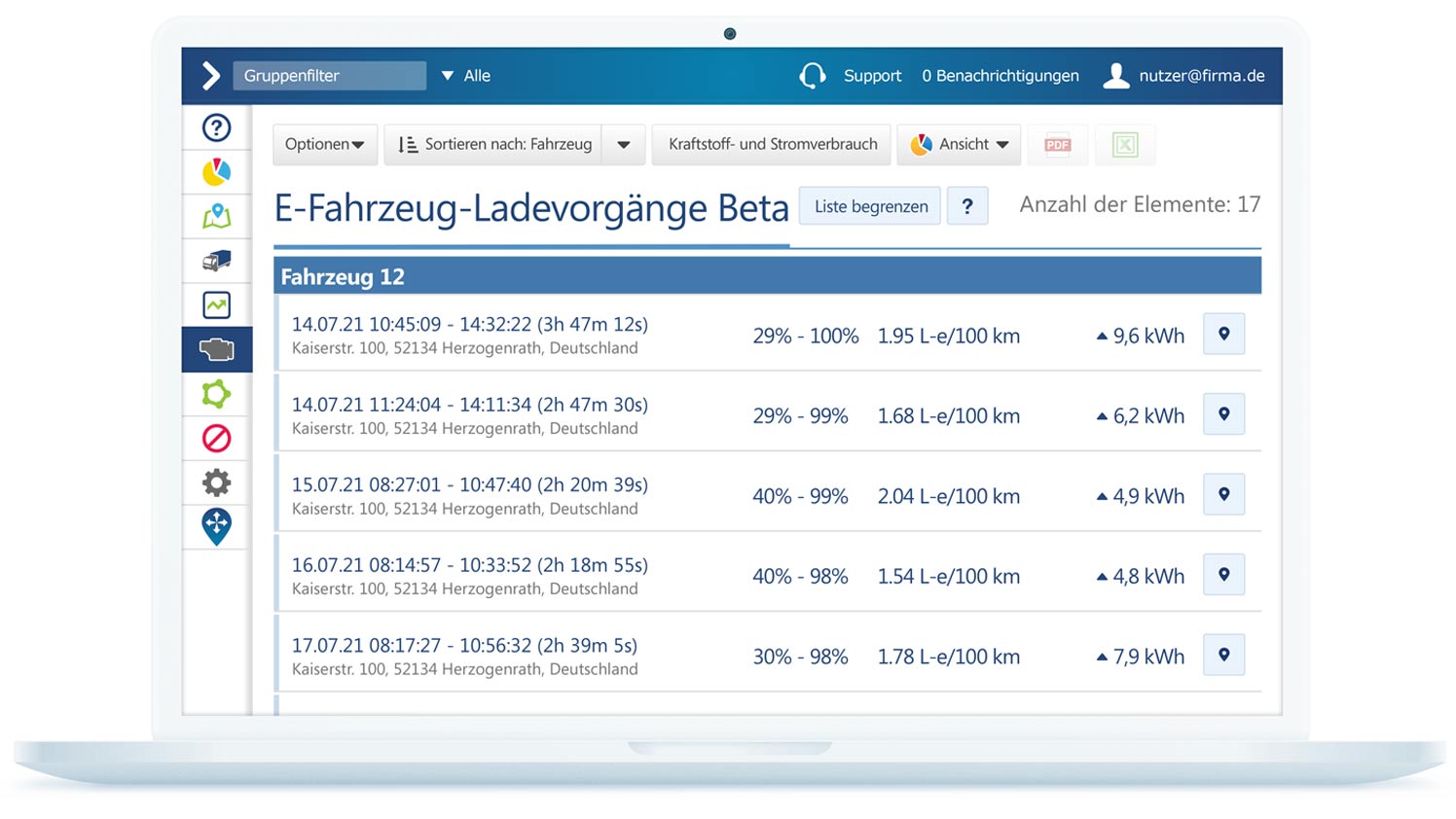EV-Ladebericht auf der MyGeotab-Oberfläche