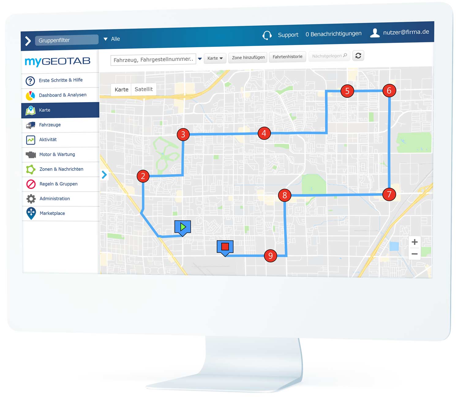 Geplante Strecken und Wegpunkte auf der MyGeotab-Benutzeroberfläche