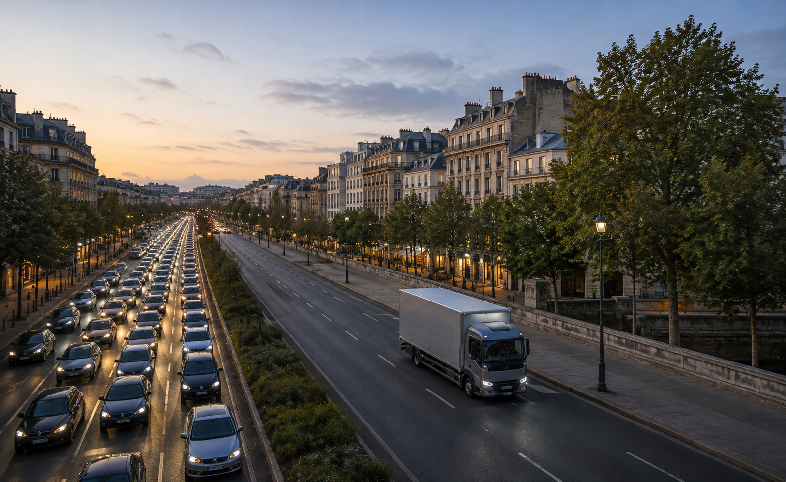A commercial delivery truck traveling along an urban road with congested car traffic alongside at dusk.