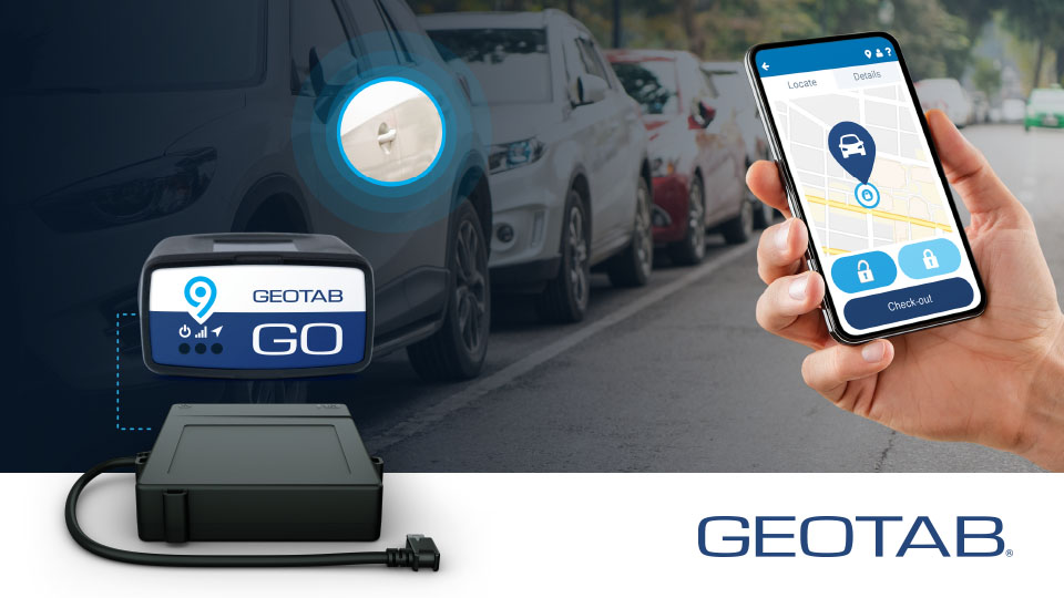 The image shows a vehicle that has been opened through a mobile app thanks to Geotab Keyless