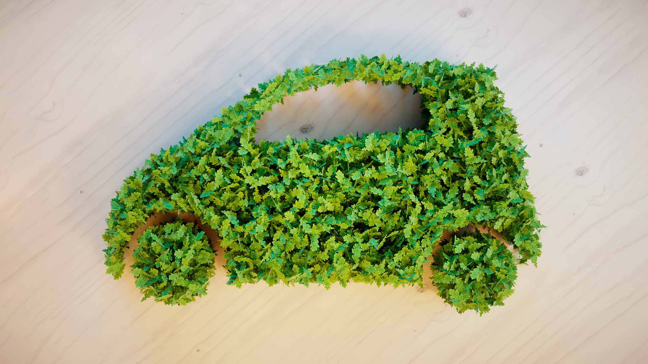 Coche verde hecho con hojas