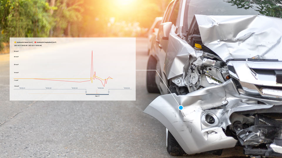 Coche tras un accidente con gráfico de reconstruction de colisiones de Geotab