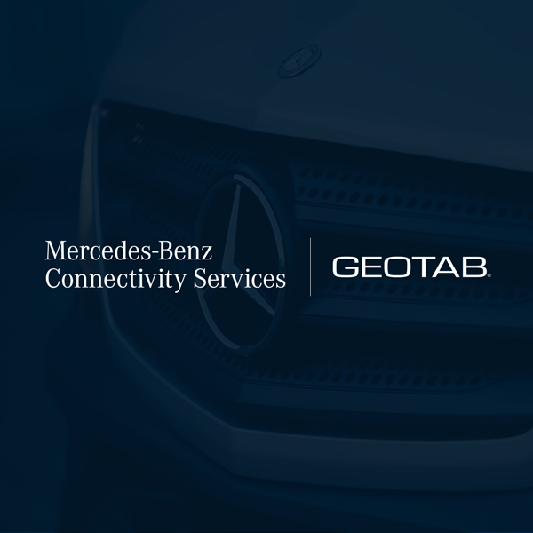 Mercedes vehicle and the logo of MBCS plus Geotab logo 