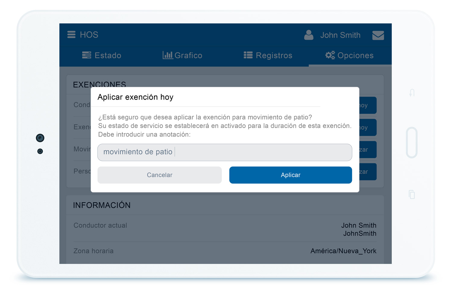 Ventana de exenciones en la interfaz de MyGeotab