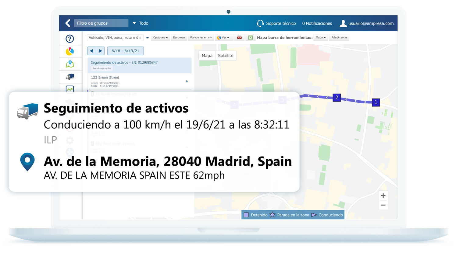 Información de seguimiento de activos en la interfaz de MyGeotab
