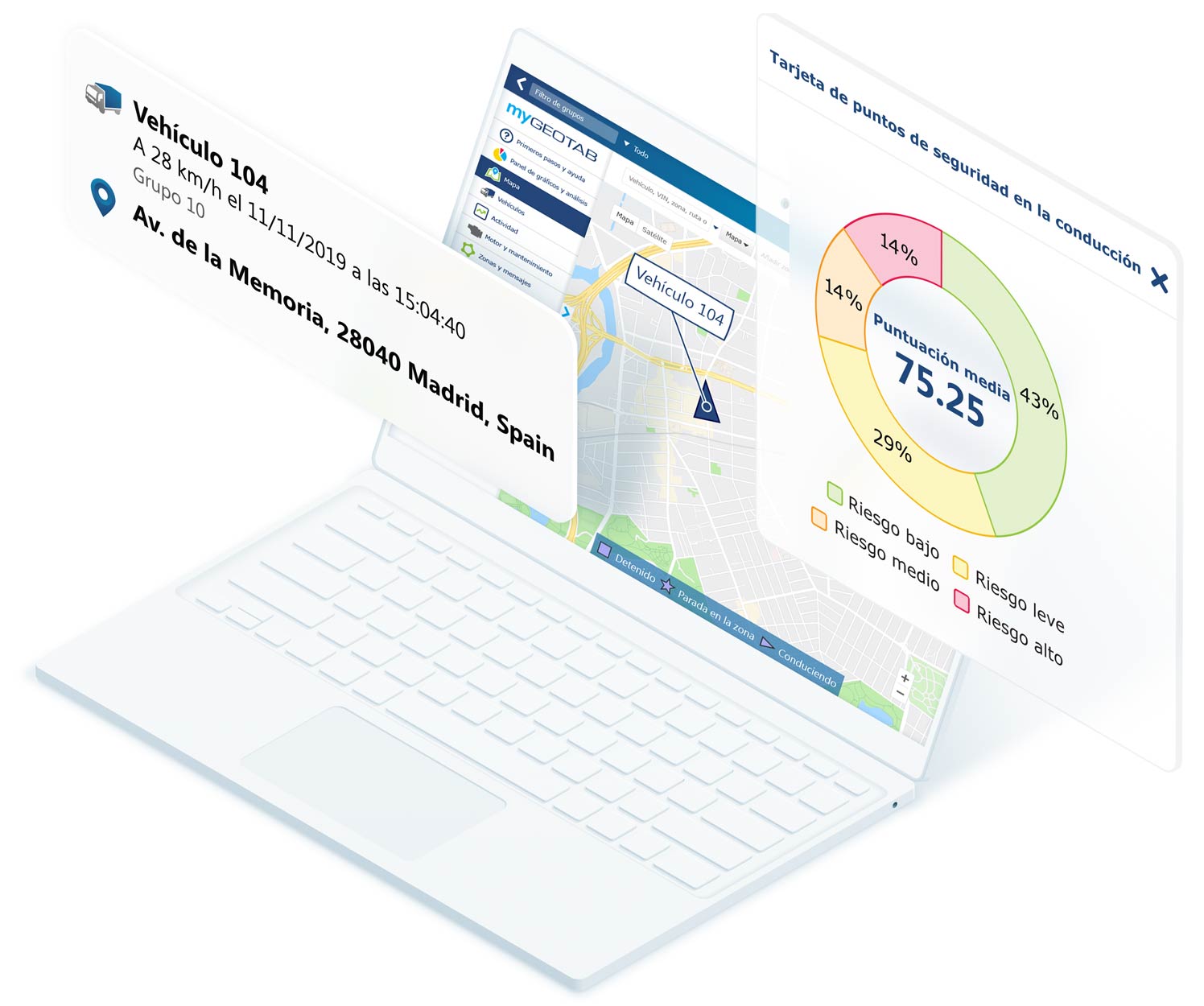 Portátil blanco mostrando un mapa de MyGeotab con los datos del vehículo y la tarjeta de puntuación de seguridad del conductor superponiéndose sobre la pantalla