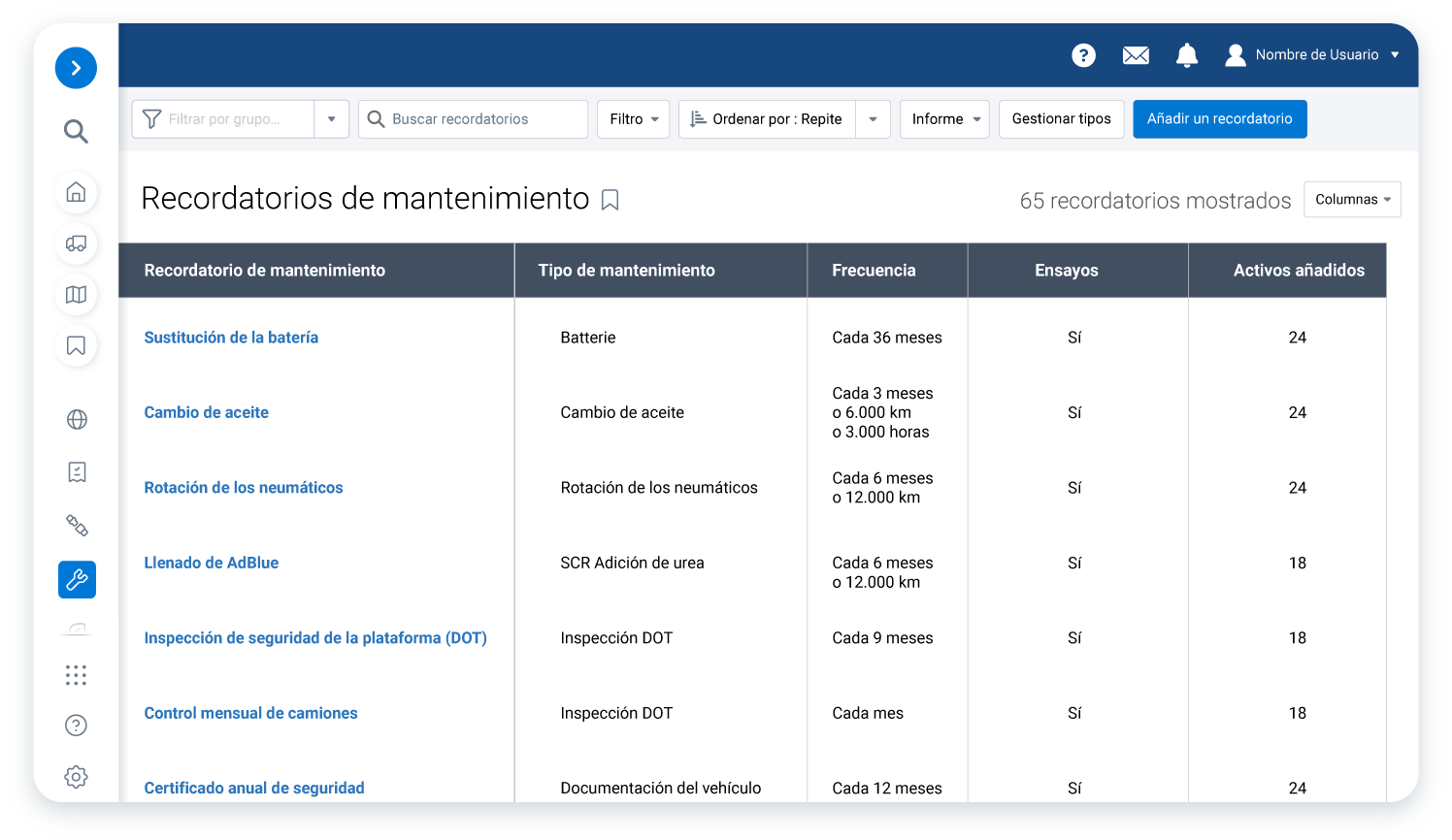 Reglas de recordatorio de mantenimiento de MyGeotab mostradas en un portátil blanco con un globo que amplía parte del contenido