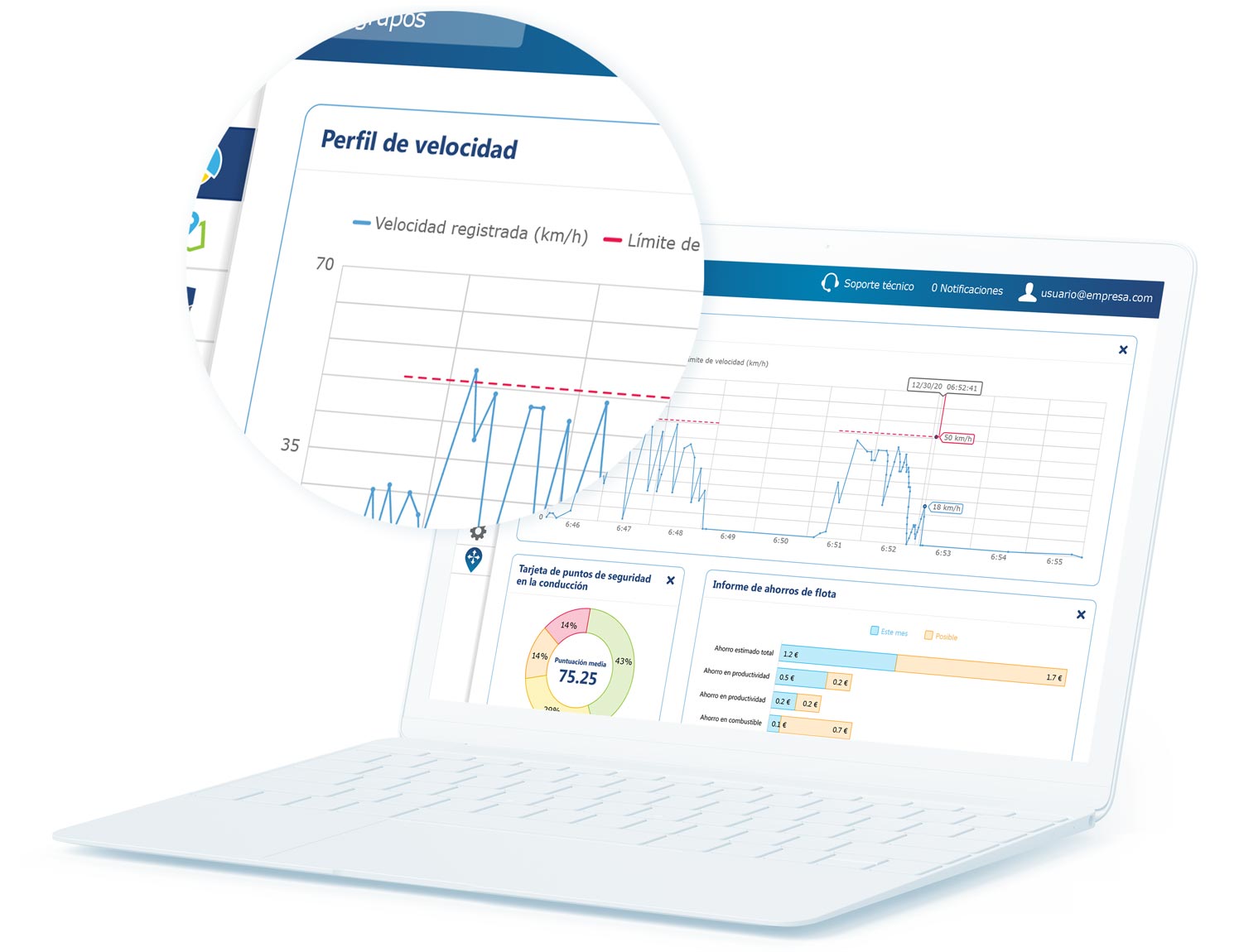 Informe de perfil de velocidad en la interfaz de usuario de MyGeotab en un portátil blanco