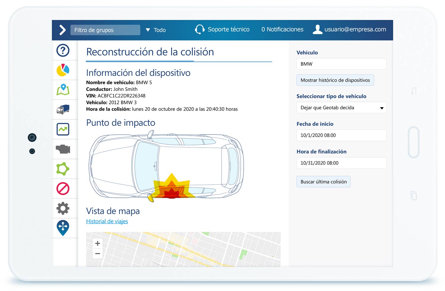 Informe de colisión en la interfaz de usuario de MyGeotab en una tableta blanca