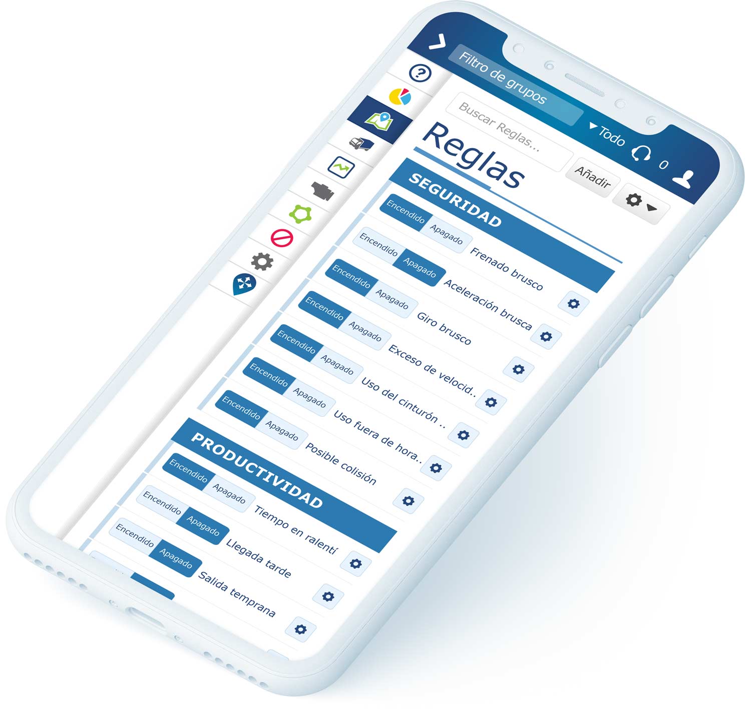 Sección de reglas de MyGeotab en un teléfono móvil blanco