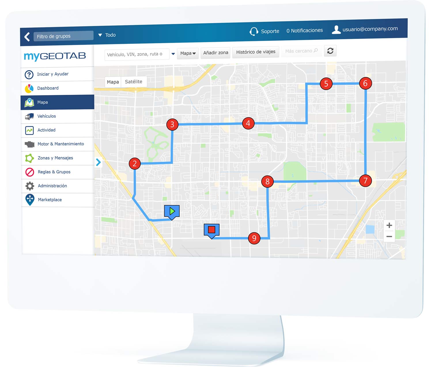 Rutas y paradas planificadas mostradas en la interfaz de usuario de MyGeotab