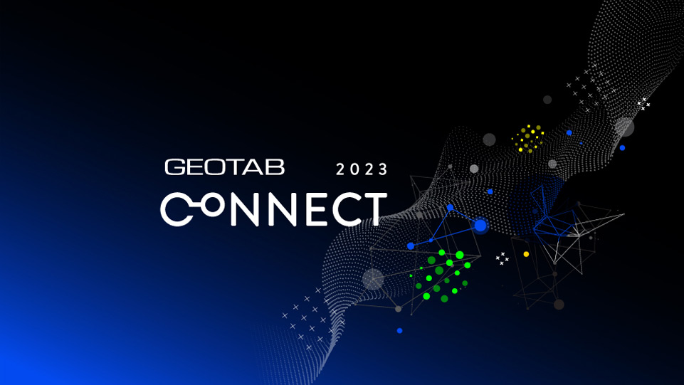Foto de un fondo oscuro con iconos de datos coloridos con el logo de Geotab Connect 2023.