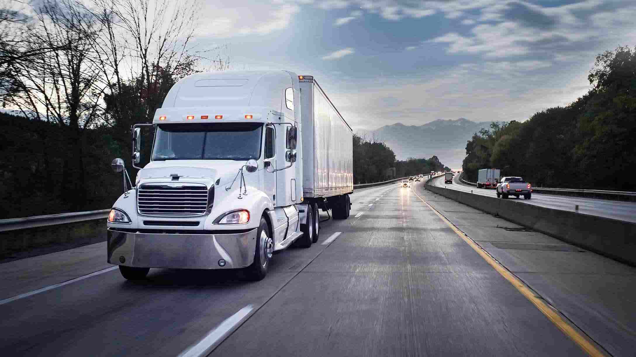 Imagen de camion blanco conducioendo en una carretera