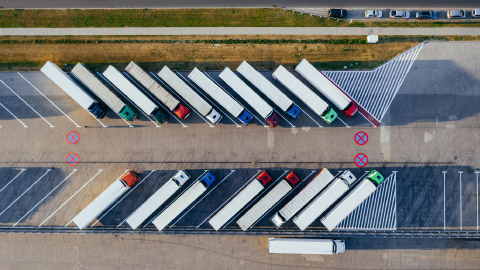 Camiones pesados estacionados en un centro logístico.