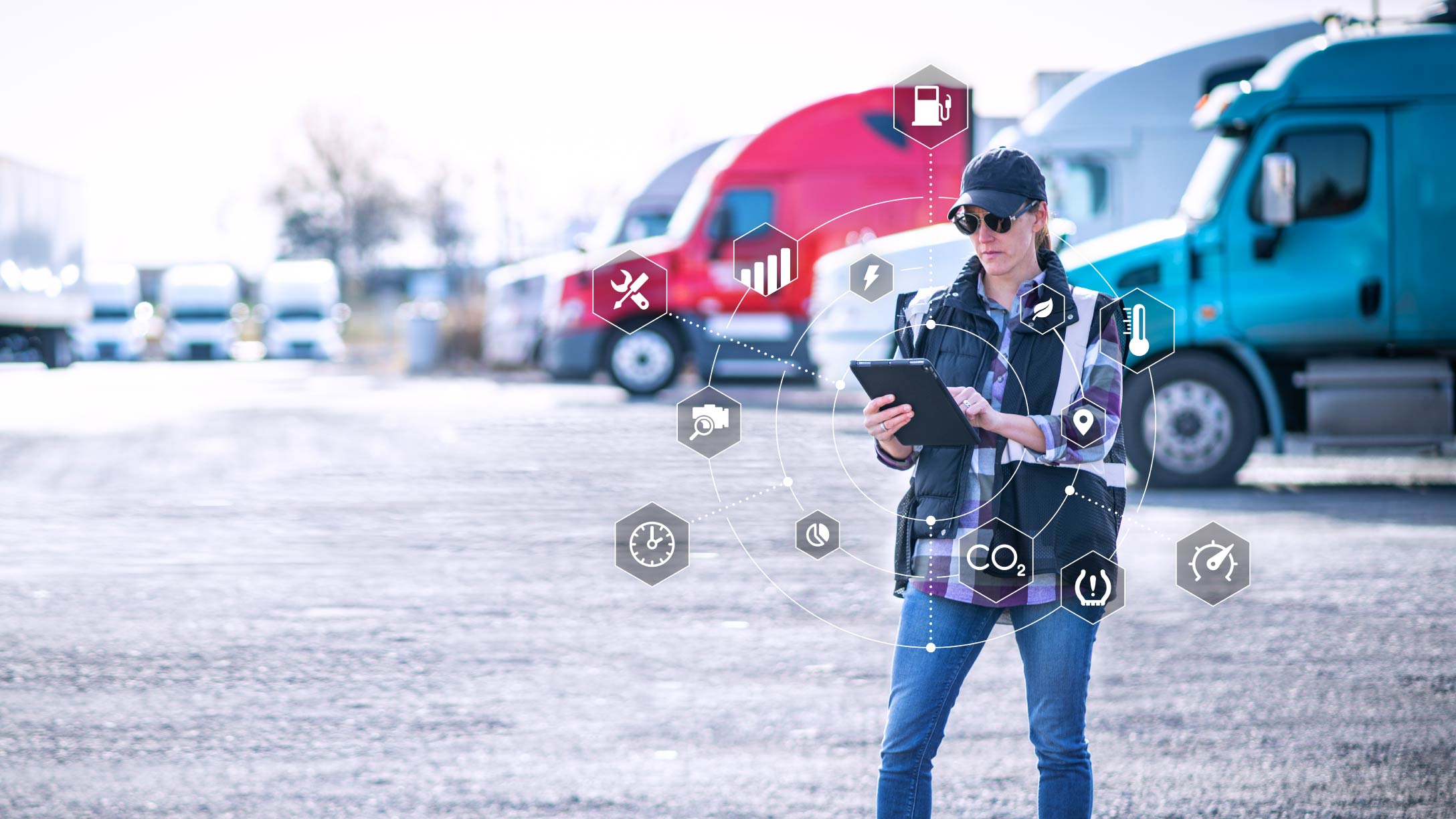 women with a tablet with management icons around and trucks on the background