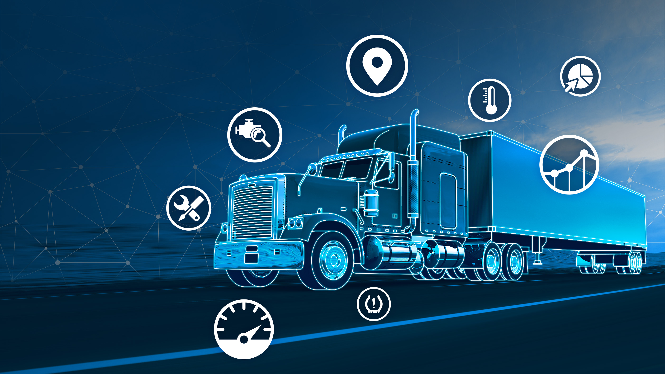 blue truck with efficiency icons