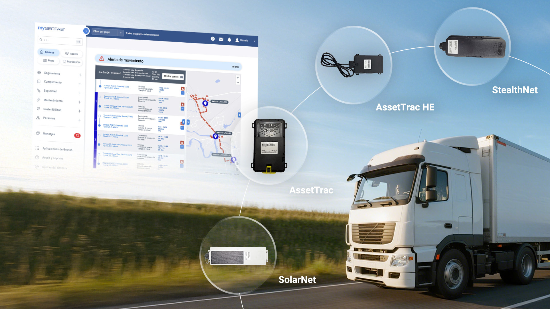 Soluciones de rastreo de activos de Phillips Connect y Geotab, incluyendo los dispositivos AssetTrac, AssetTrac HE, StealthNet y SolarNet, mostrados en un camión con una pantalla de monitoreo de flota en la plataforma MyGeotab.
