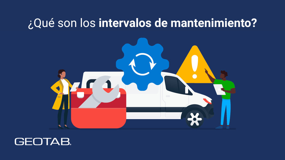 Dos mecánicos revisan una van blanca con sÃmbolos de mantenimiento y advertencia. Texto: "¿Qué son los intervalos de mantenimiento?"