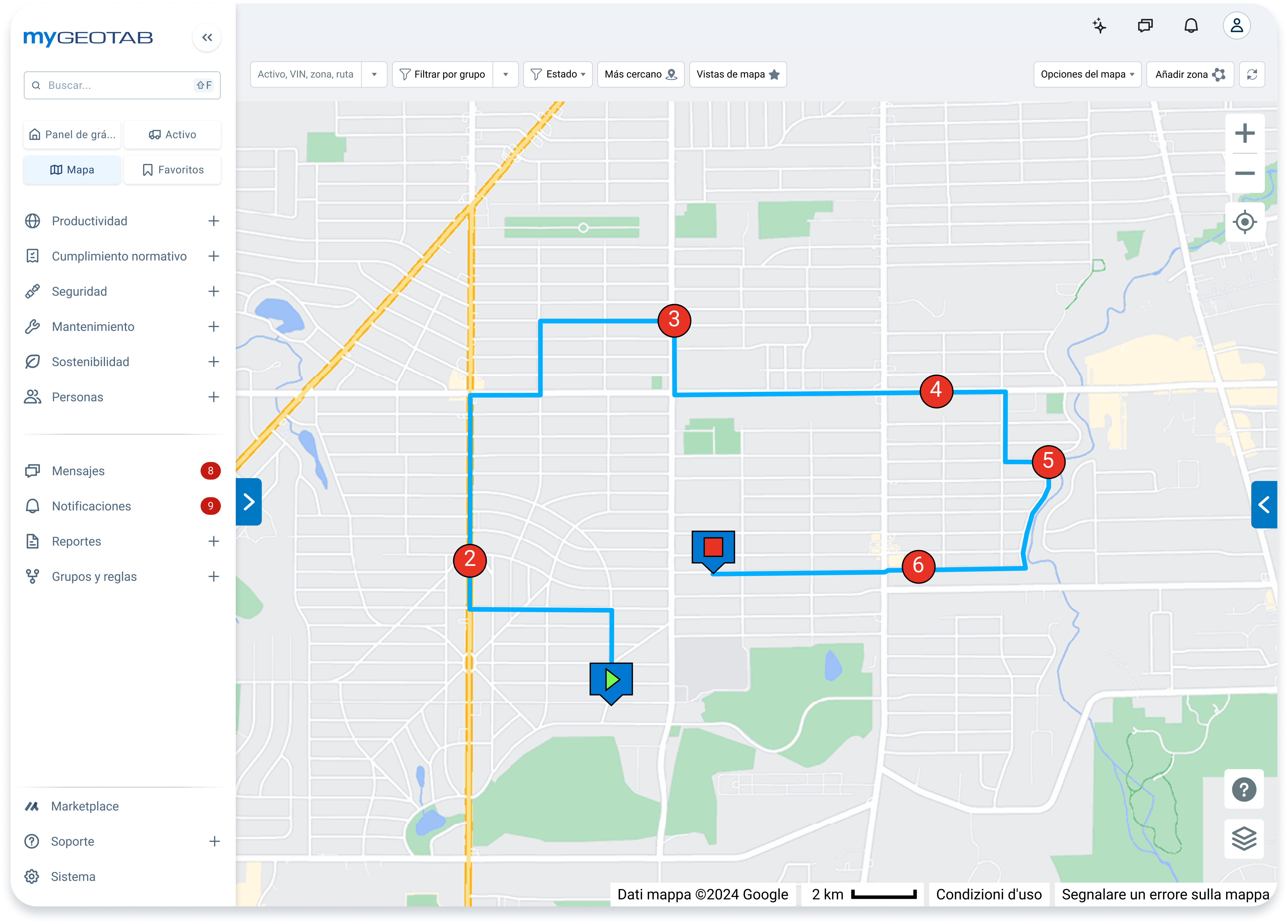 Interfaz de MyGeotab mostrando el mapa de rutas con secuencia de paradas y menú de analítica telemática.